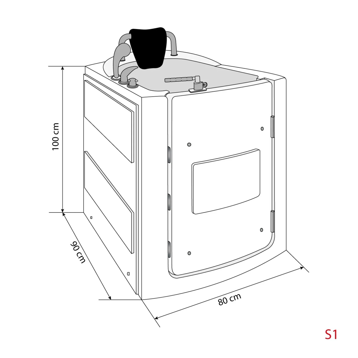 Skizze einer AquaVapore Senioren Sitzbadewanne S10-TH mit Maßen 90x80x100 cm, Tür, Armaturen und Nackenstütze.