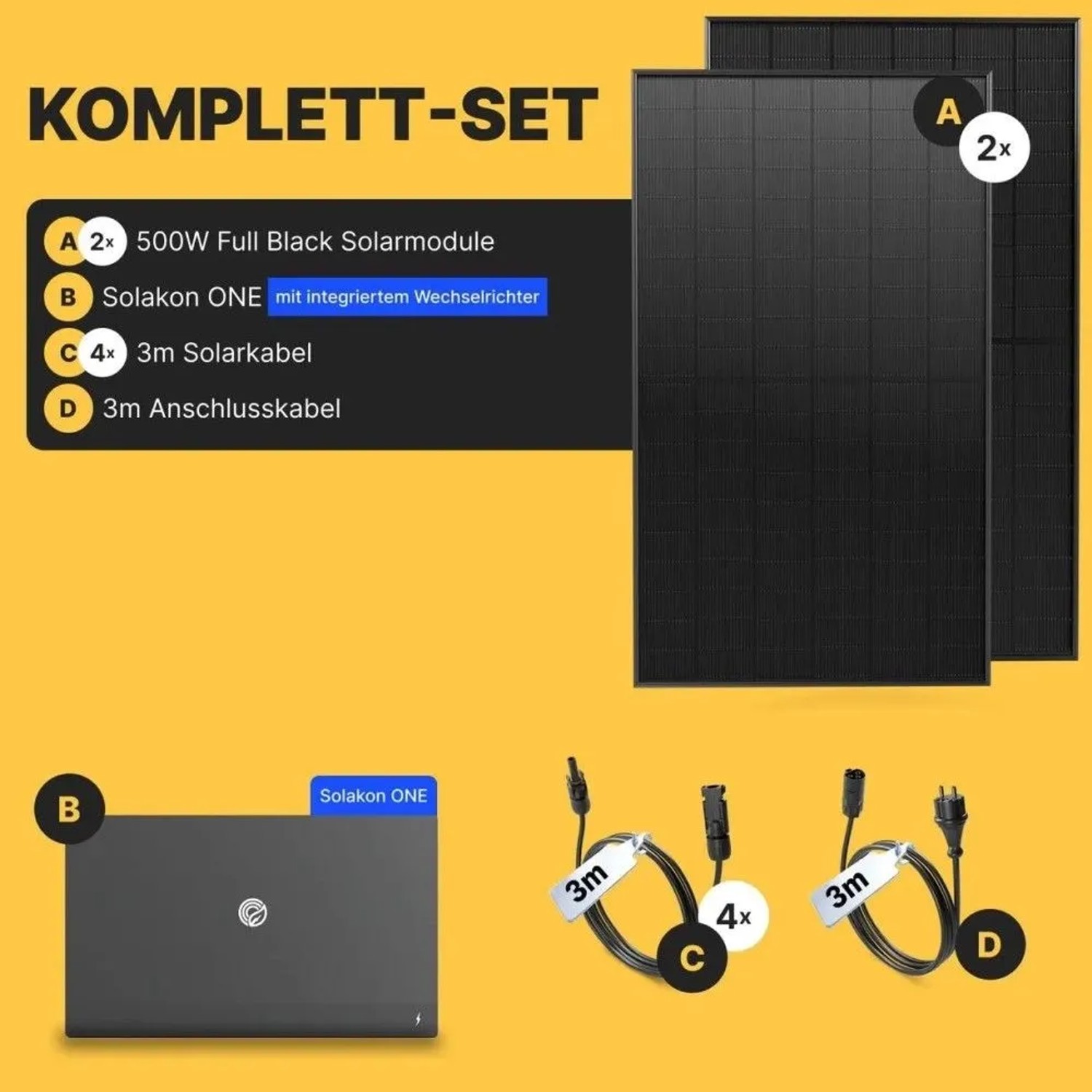 Solakon Balkonkraftwerk 1000W Komplettset: 2 Solarmodule, Speicher mit Wechselrichter, Solar- & Anschlusskabel.