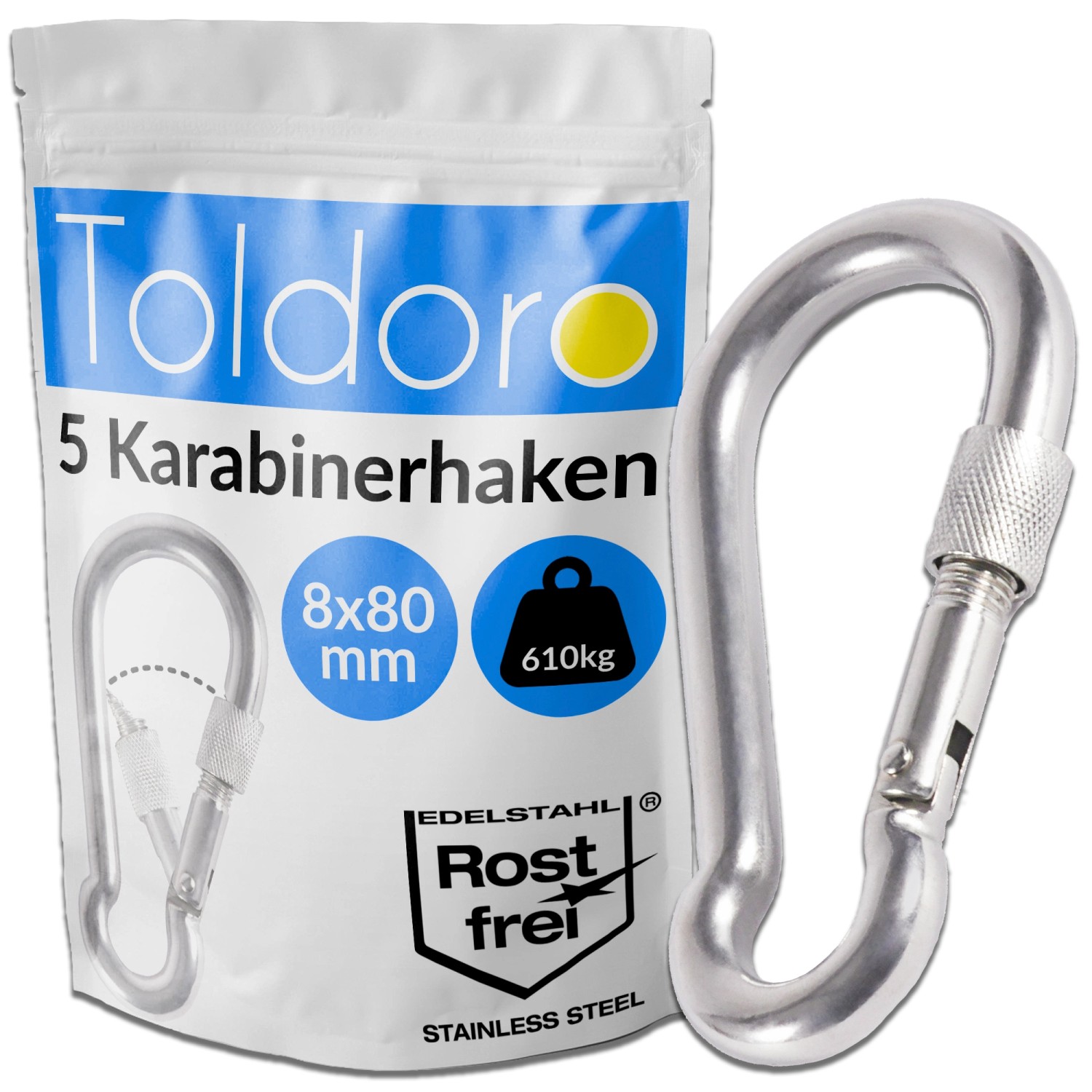 Toldoro 5 Stück Edelstahl Karabiner mit Schraubverschluss 80mm Rostfrei NIRO V4A  Karabinerhaken