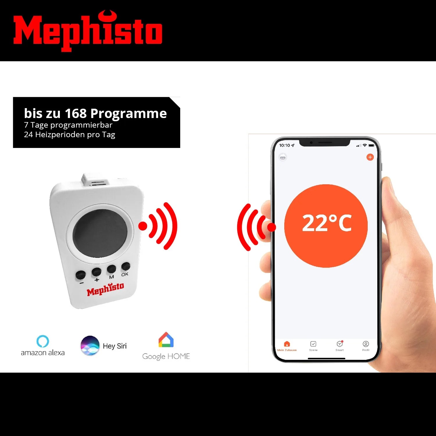 Mephisto Infrarotheizung mit Thermostat und App-Steuerung auf Smartphone dargestellt.