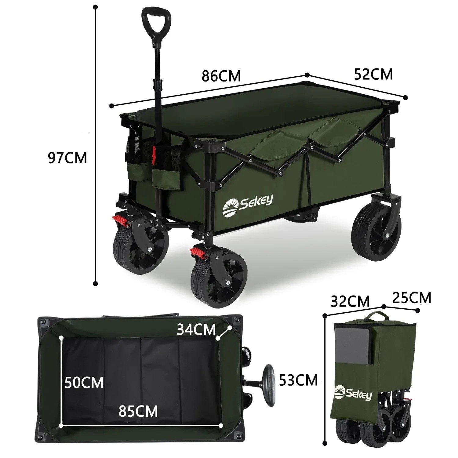 Sekey XXL Bollerwagen, faltbar, dunkelgrün, 150L. Ideal für Camping & Freizeit.