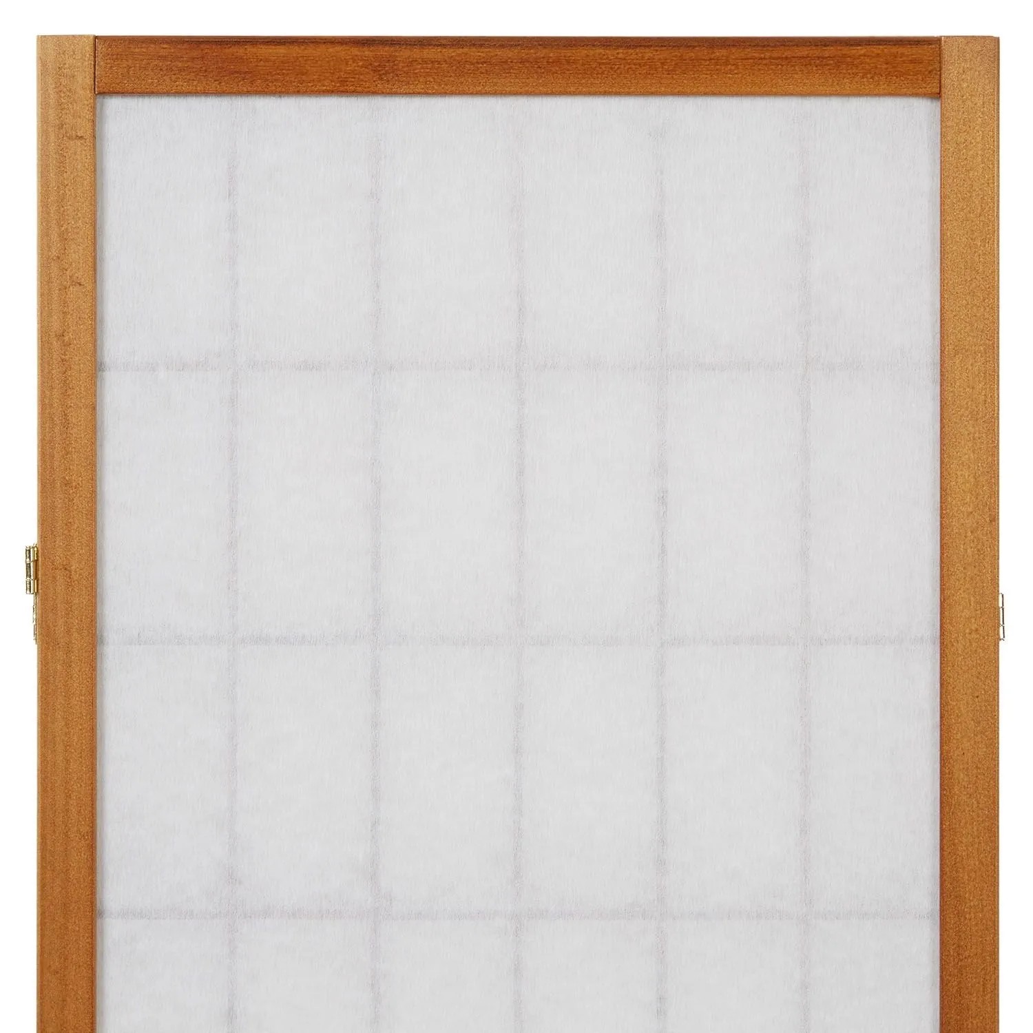 Brauner Holz-Paravent mit weißem Shoji Reispapier. Detailansicht eines faltbaren Raumteilers.