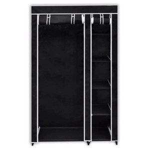 Faltbarer, schwarzer Stoffschrank (110x45x175 cm) mit Regalen und Kleiderstange.