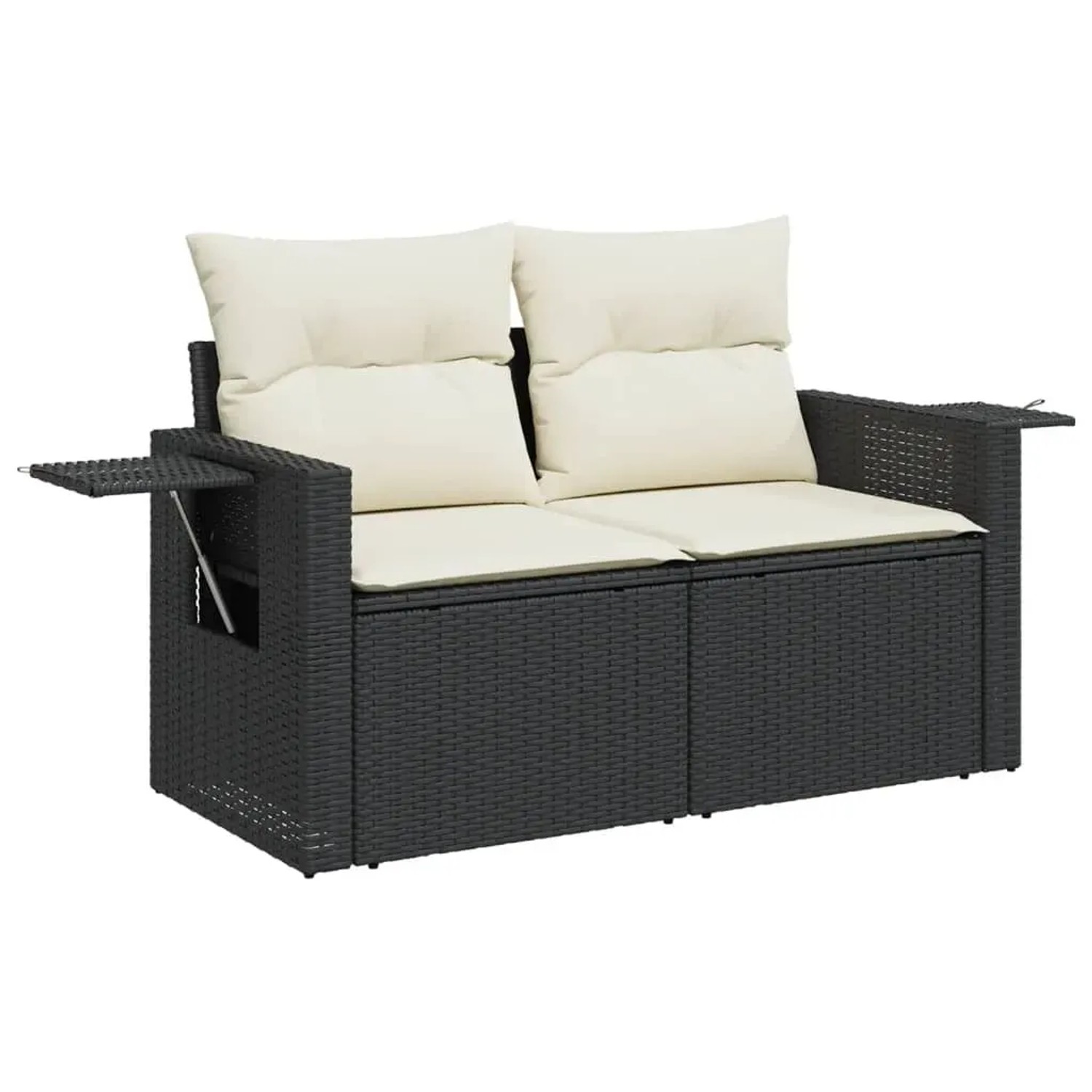 Schwarze vidaXL Garten-Sofagarnitur aus Rattan mit cremefarbenen Kissen und Ablagetisch.