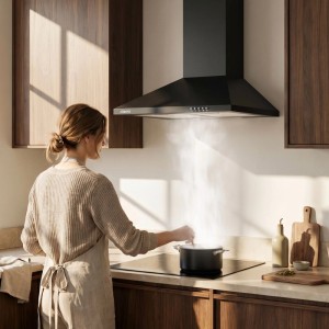 Schwarze CIARRA Wandhaube 60 cm über Kochfeld, zieht Kochdampf effizient ab. Moderne Dunstabzugshaube.
