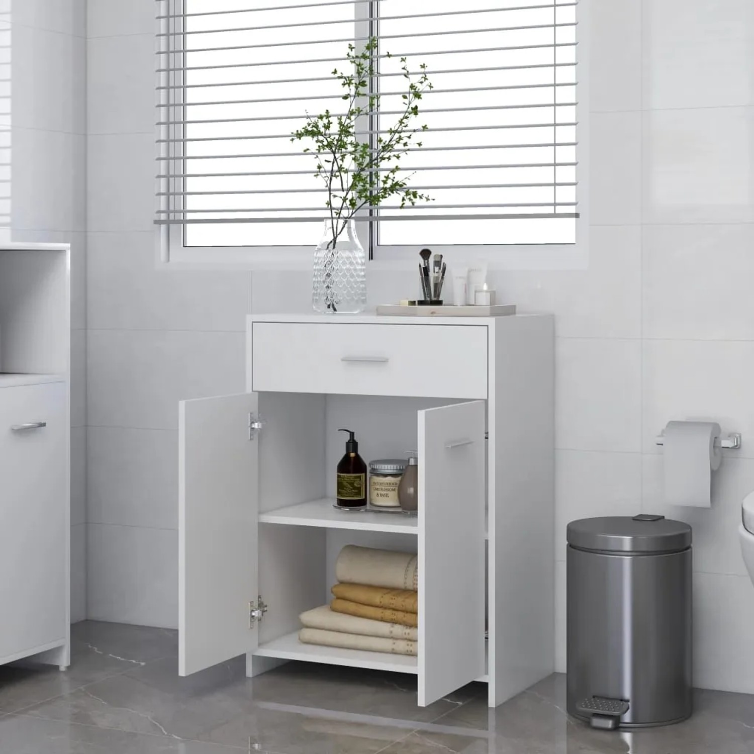 Weißer vidaXL Badezimmerschrank (60x33x80 cm) mit Schublade und offenem Fach. Badmöbel-Set aus Holzwerkstoff.
