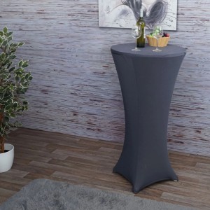 Anthrazit-graue Stretch-Stehtischhusse für Ø 60cm Tische, elegant dekoriert mit Wein, Gläsern und Obst.