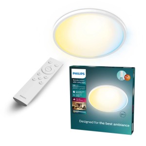 Weiße Philips Valen LED-Deckenleuchte, 30 cm, dimmbar, mit Fernbedienung und Verpackung.