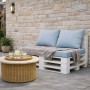 Pastellblaues Palettenkissen Set auf weißem Palettensofa für Terrasse. Sitz- und Rückenkissen für gemütliche Outdoor-Lounge.