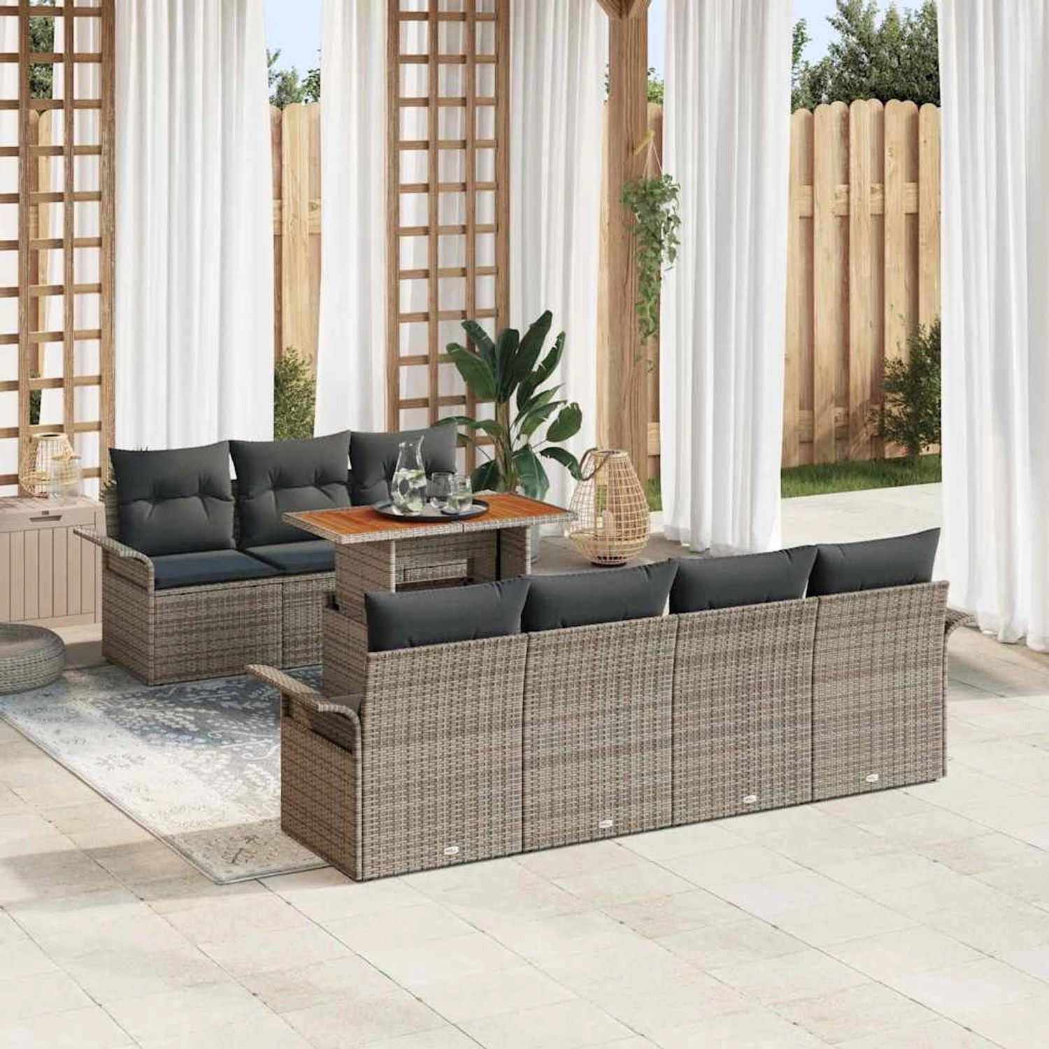 Graues 8-tlg. vidaXL Garten-Sofa-Set aus Poly Rattan mit Stauraum und Tisch.