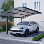 Moderner Palram Canopia Carport Arizone Wave mit Auto. Gebogene, transparente Dachplatten und anthrazitfarbene Aluminiumkonstruktion.