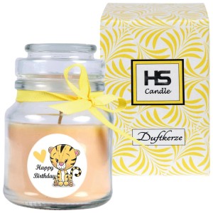 HS Candle Duftkerze Happy Birthday Bonbon Vanille Tiger im Glas mit gelber Schleife und Geschenkverpackung.