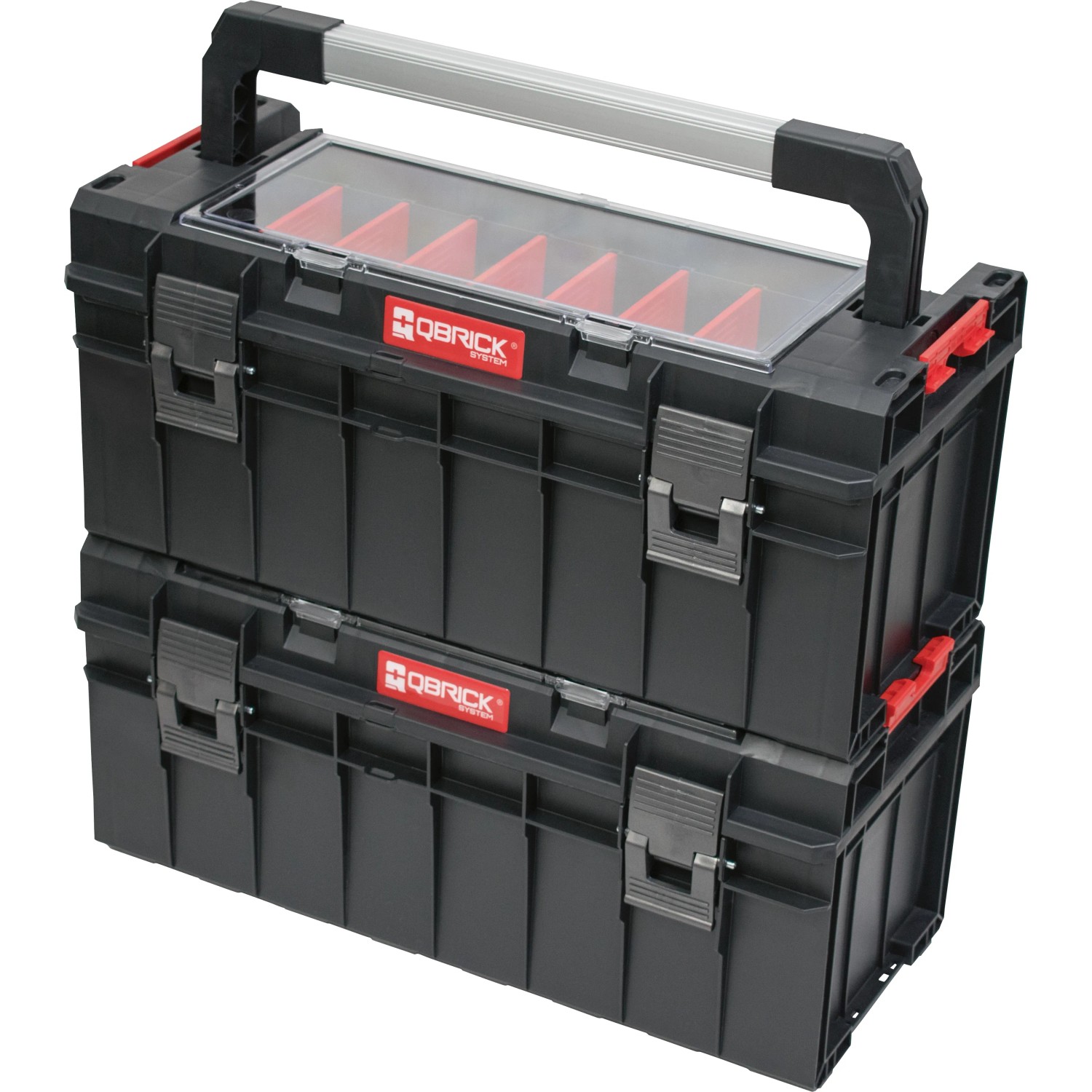 QBRICK Werkzeugkoffer PRO 600 Profi, 2er Set, mit transparentem Deckel und Aluminiumgriff.