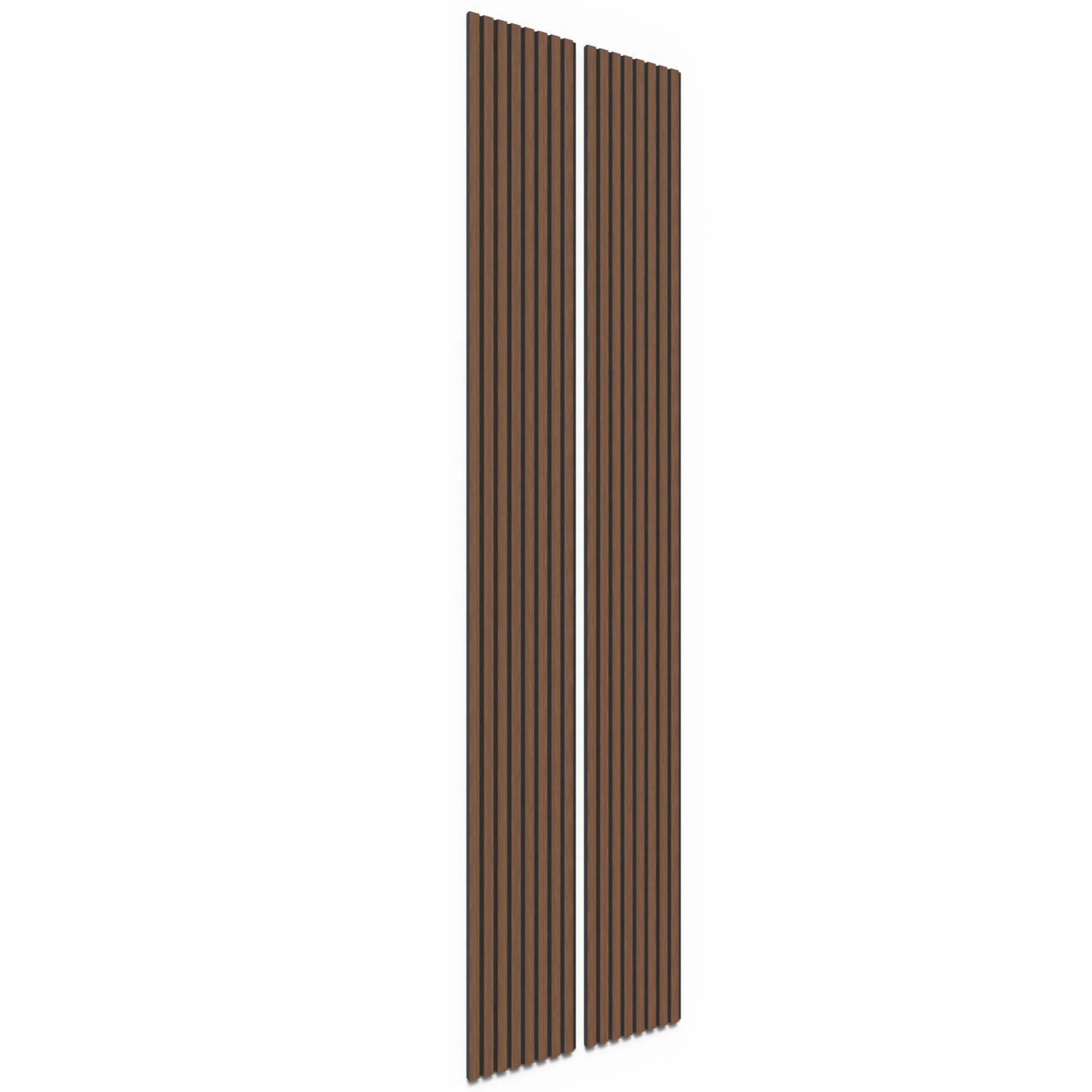 Zwei Akustikpaneele in Walnuss-Optik mit schwarzem Filz, 32x240 cm, zur Wand- und Deckenverkleidung.