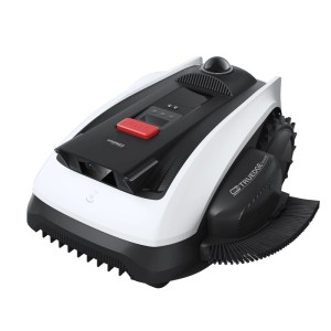 Ecovacs Goat O1200 Mähroboter in Weiß-Schwarz mit TruEdge-Trimmer für präzise Rasenkanten.
