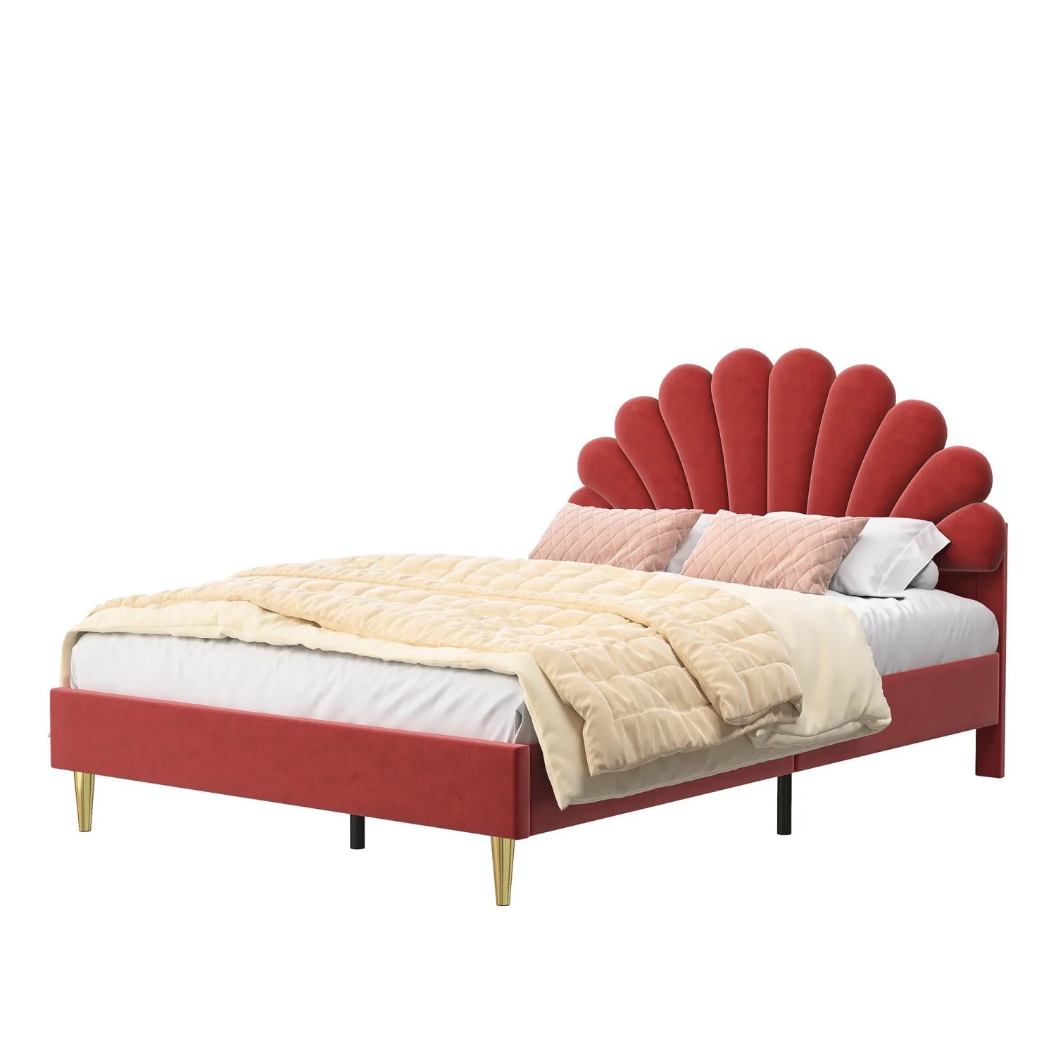 PXloue Polsterbett 140x200cm mit  Floralem Kopfteil Jugendbett mit Lattenrost Samt Rot