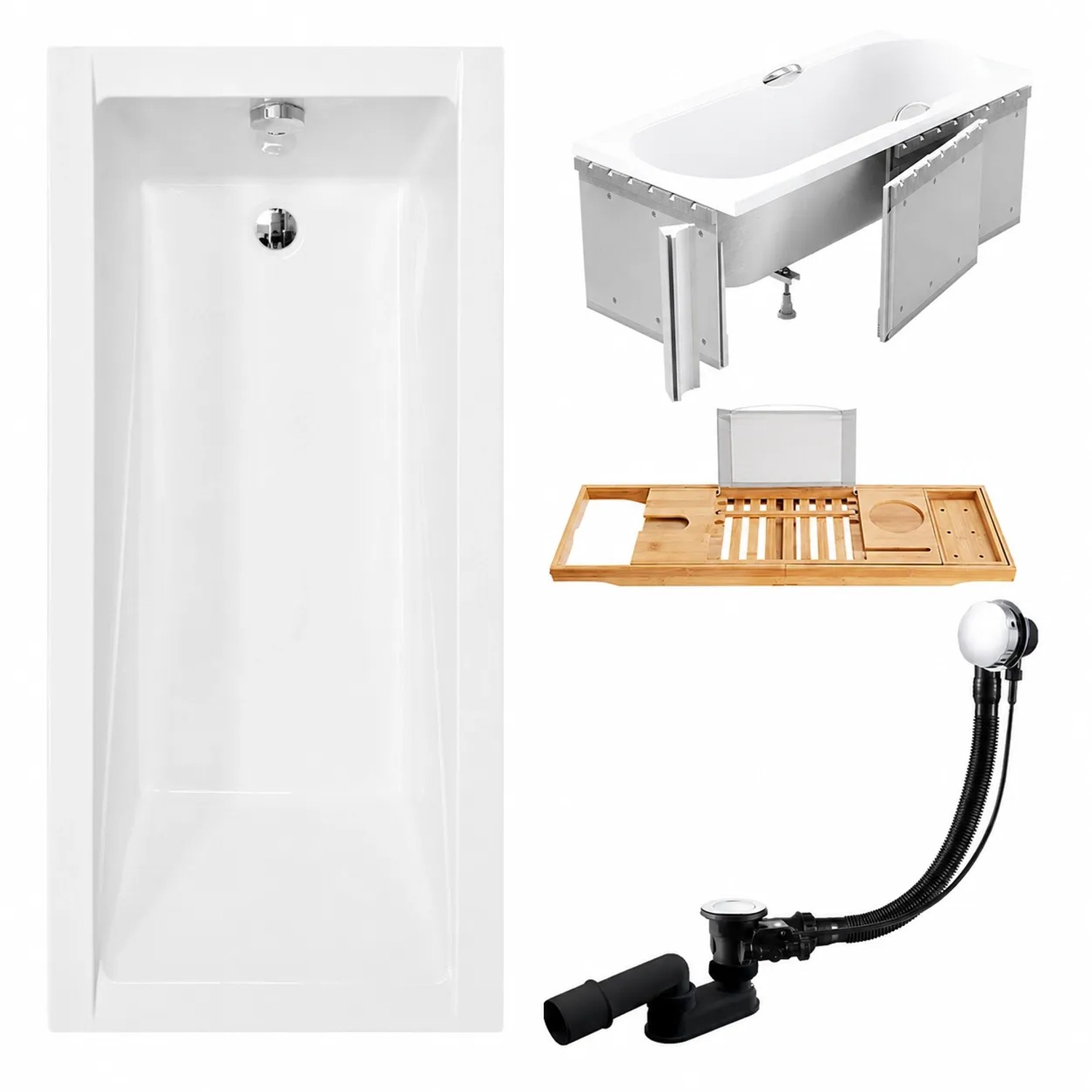 KOLMAN Badewanne Rechteck 180 x 80 Cm Mit Styroporverkleidung Mit Bambus Badewannenablage Inkl. Ablauf Und Füße