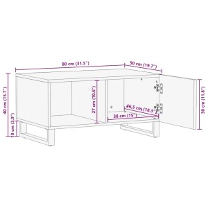 Schwarzer Couchtisch vidaXL 80x50cm aus Mango Massivholz mit offenem Fach und Tür.