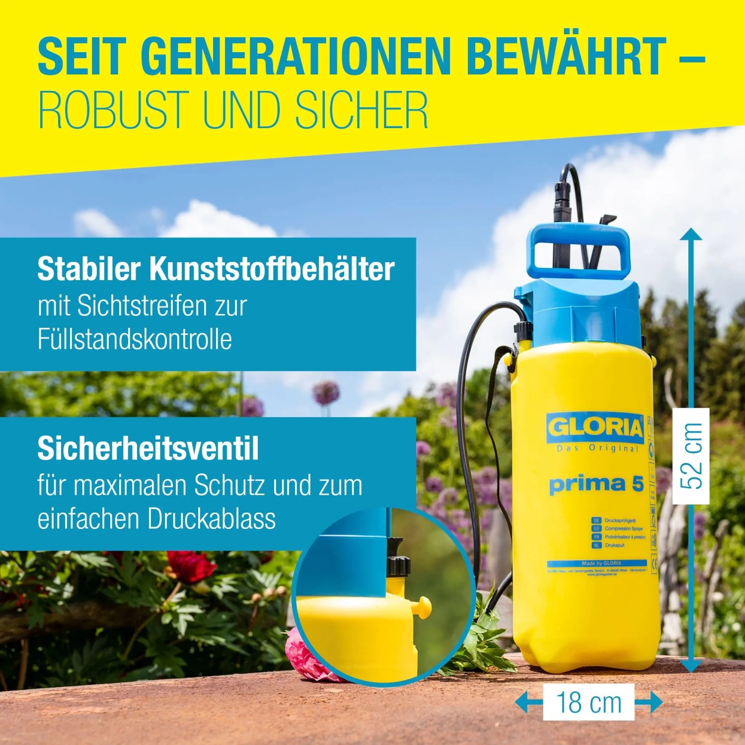 Gloria Drucksprüher Prima 5: Gelber Drucksprüher mit blauem Pumpkopf für Garten und Pflanzenpflege.