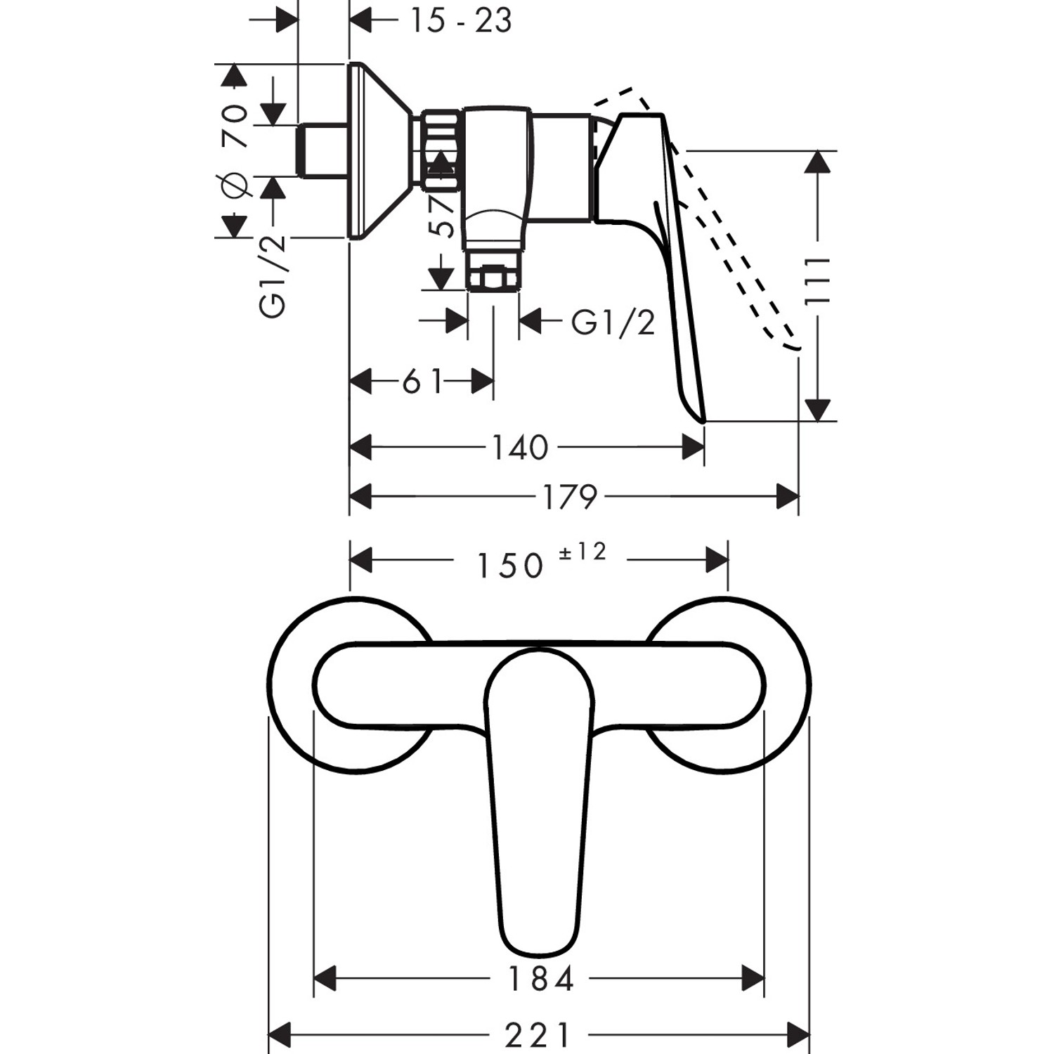 Technische Zeichnung Hansgrohe Logis E Brausearmatur Aufputz, Maße und Anschlüsse.