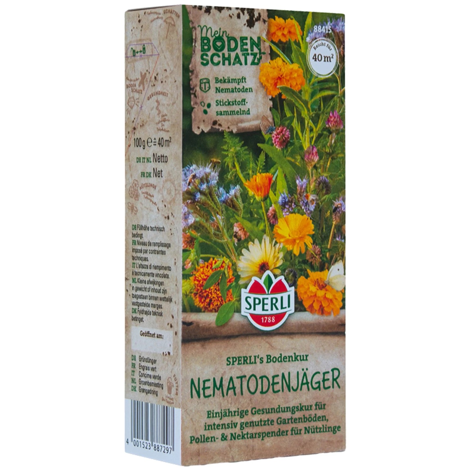 Sperli Gründünger Nematodenjäger Packung mit Studentenblumen, Ringelblumen und Sonnenhut.