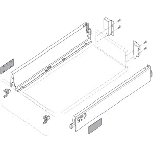 Blum Tandembox antaro N Vollauszug Blumotion: technisches Diagramm der Zarge, Korpusschiene und Rückwandhalter für Schubladen.