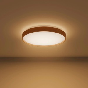 Runde Philips LED-Deckenleuchte Stylique in Holzoptik, 38 cm, strahlt warmweißes Licht aus.