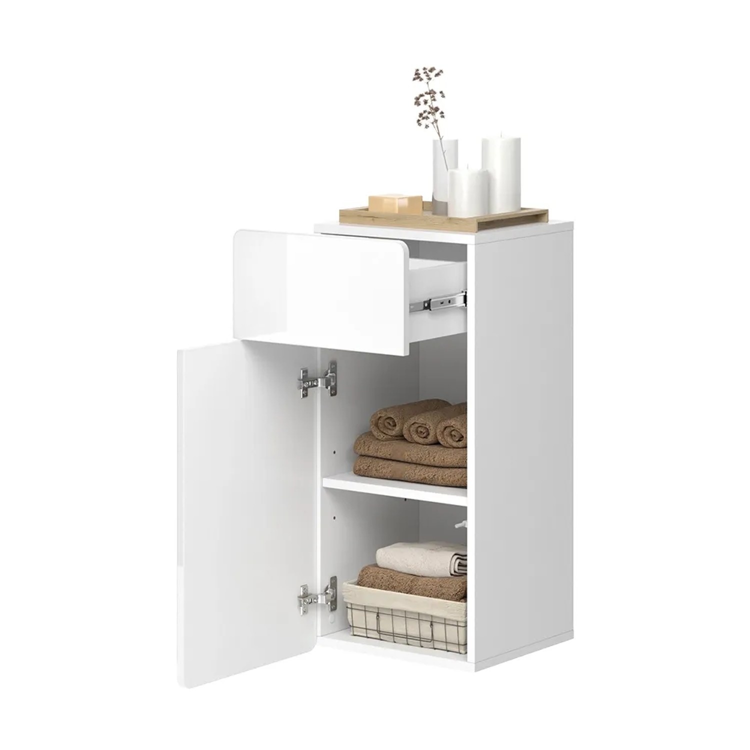 Vicco Midischrank Izan, weiß hochglanz, 37x77 cm, mit Schublade und Tür. Badregal für mehr Stauraum.