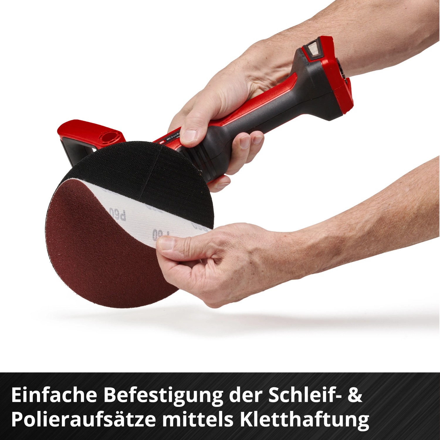 Einhell Akku-Schleif- und Poliermaschine mit Schleifscheibe in der Hand. Autopflege.