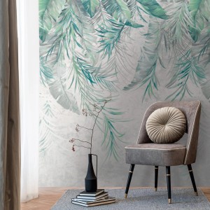 PROFHOME Fototapete Dschungel grau-grün-blau mit Palmen und Aquarell-Stil.