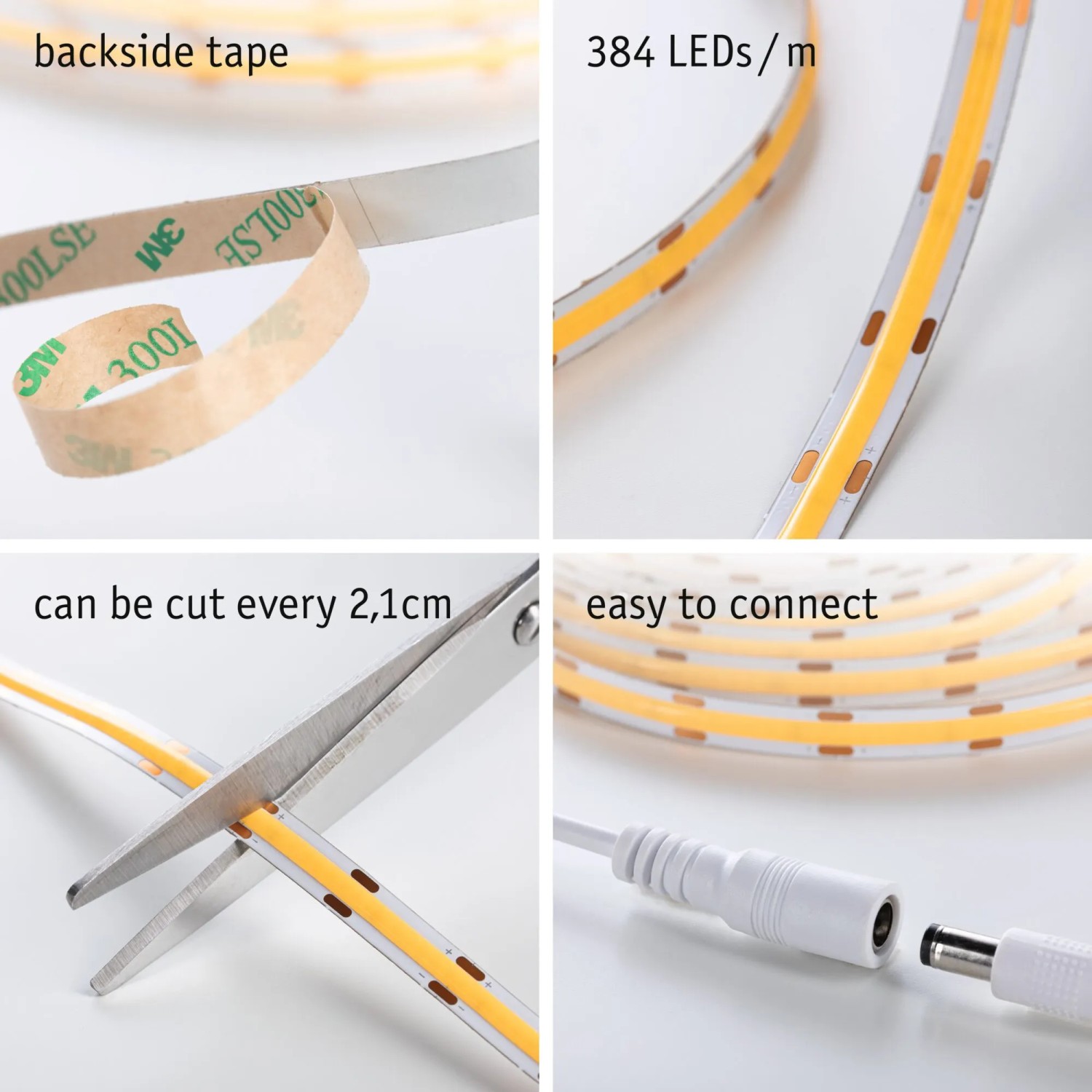 Paulmann SimpLED COB LED-Streifen 1,5m, weiß, mit Klebeband, Schere und Steckverbinder Details.