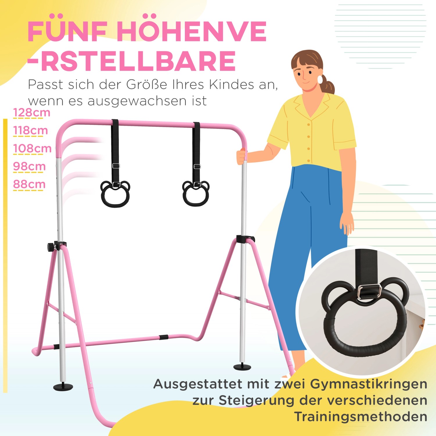 Rosa Kinderturnstange aus Stahl, höhenverstellbar mit Gymnastikringen. Ideal für junge Sportler.