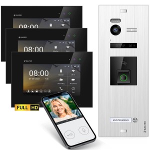 Balter EVO-HD Video-Türsprechanlage mit Fingerprint und App für Einfamilienhaus mit 3x 7 Zoll Monitor Silber-Schwarz