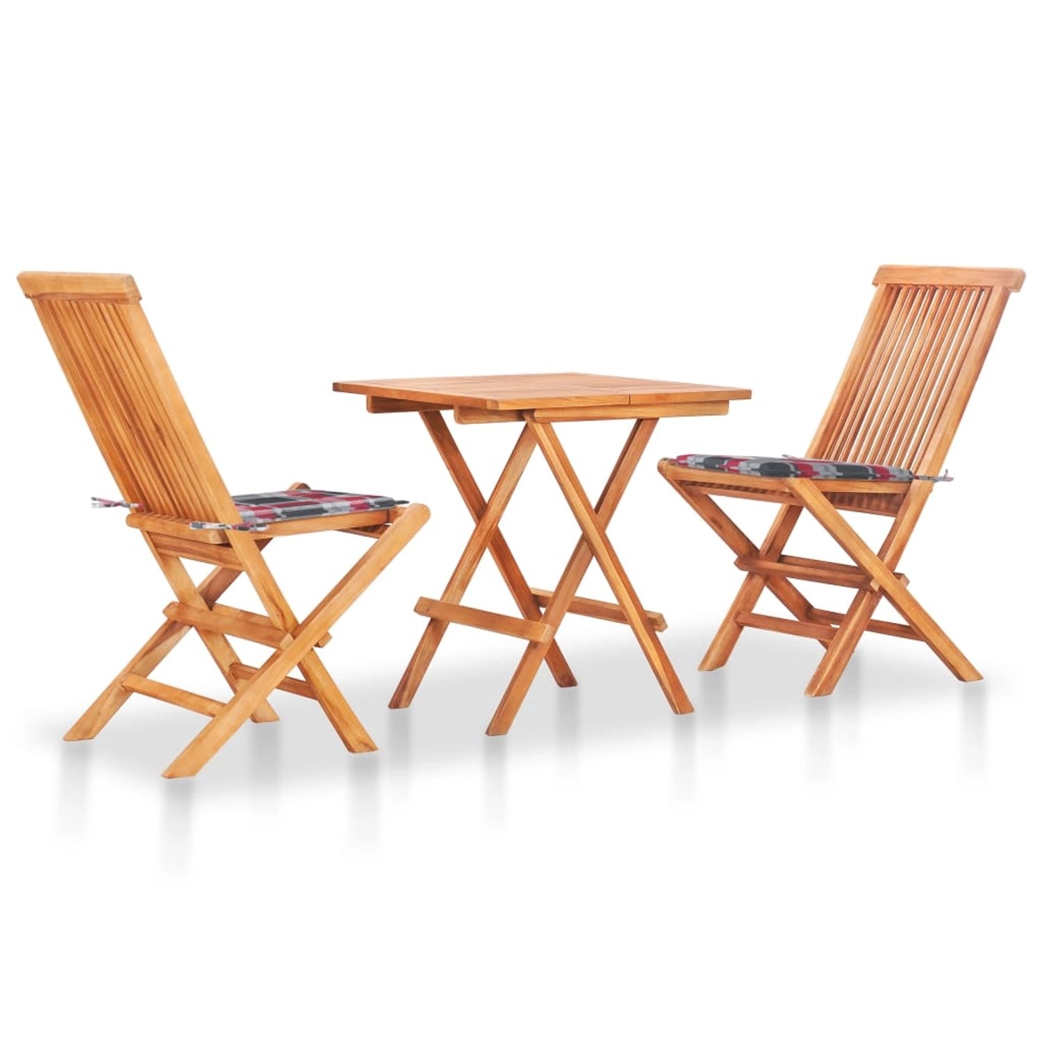 vidaXL 3-Tlg Bistro-Set mit Kissen Rot Karomuster Massivholz Teak 3063238