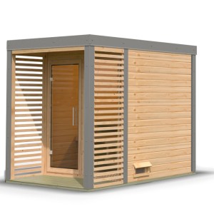 Karibu Saunahaus Seros 1, naturbelassen/graualuminium, mit Terrasse und Klarglastür.