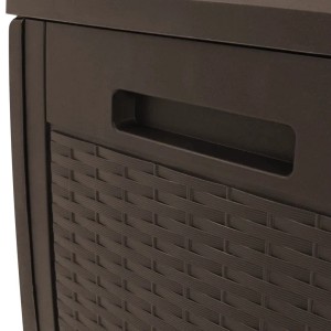 Detailansicht: Braune VidaXL Gartentruhe aus Polypropylen mit Griff und Flechtmuster.