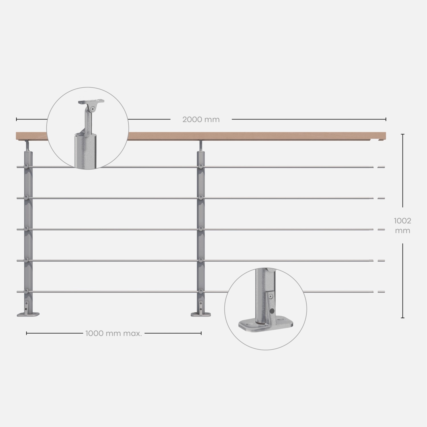 Kordo Geländerset, 2m, Alu grau, Handlauf Buche, Bodenbefestigung, Opalu. Zubehör für Treppen & Geländer.