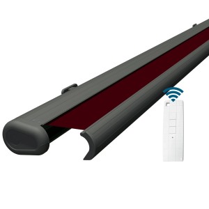 Elektrische Kassettenmarkise, basaltgraue Kassette, beerefarbenes Tuch, mit Fernbedienung. Ideal für Terrasse & Balkon.