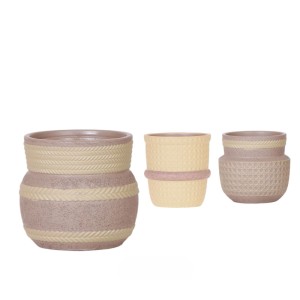 Drei Keramik-Übertöpfe Ethnic Khaki mit strukturierten, geflochtenen Mustern, robust für Zimmerpflanzen.