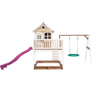Axi Liam Spielhaus mit Nestschaukel, braun-weiß, lila Rutsche. Spielturm mit Sandkasten und Schaukel.