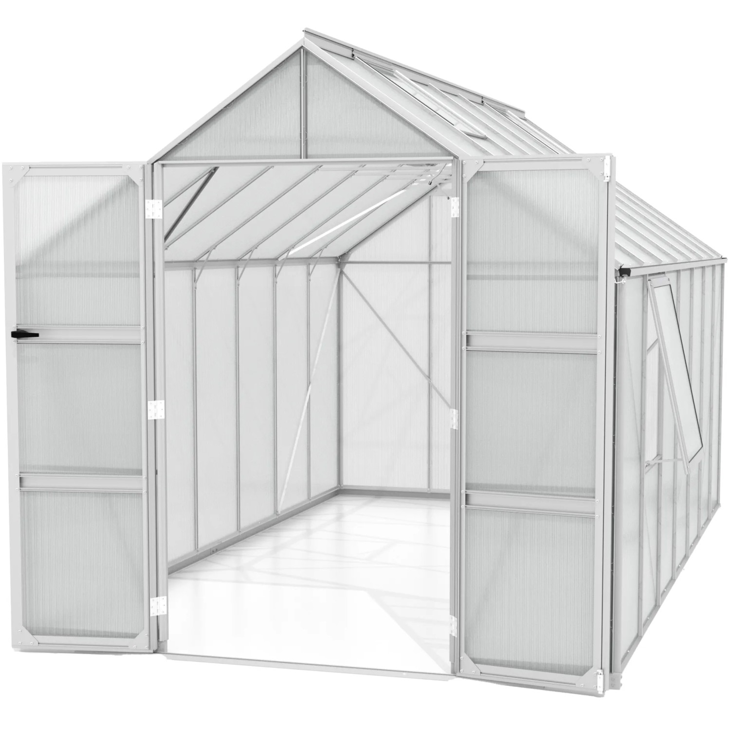 Vitavia Gewächshaus Olymp 11500 aus Alu, 11,5 m², mit geöffneter Doppeltür und Fundamentrahmen.