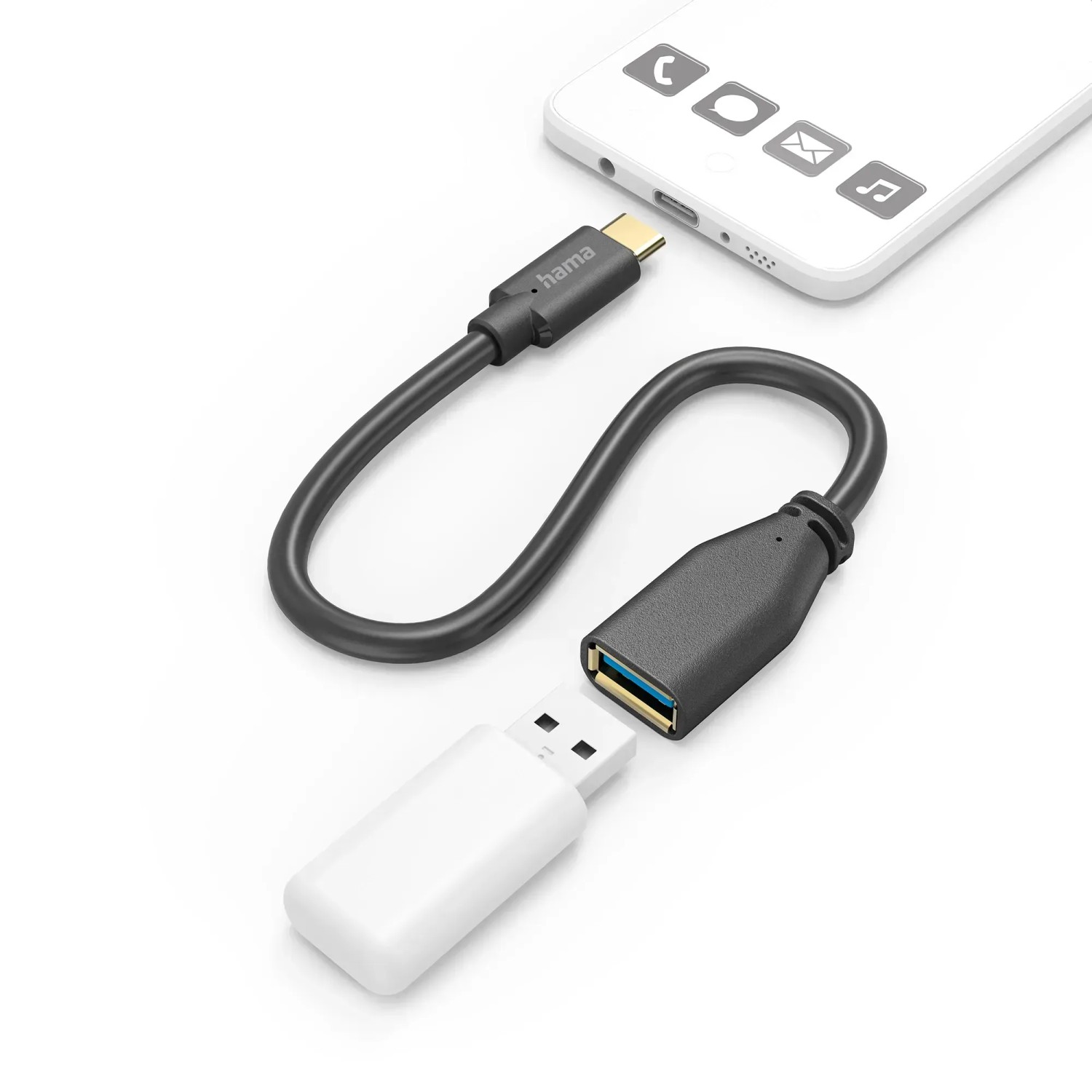 Schwarzes Hama USB-Adapterkabel USB-C auf USB-A mit OTG Funktion und weißem USB-Stick an Smartphone.