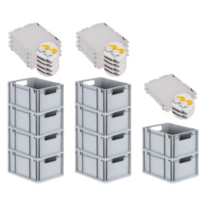 PROREGAL Spar Set: 10 graue Euroboxen mit Deckel und gelben Verschlüssen, 20 Liter.
