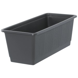Anthrazitfarbener Geli Blumenkasten Standard, ca. 40 cm, mit Holzstruktur.