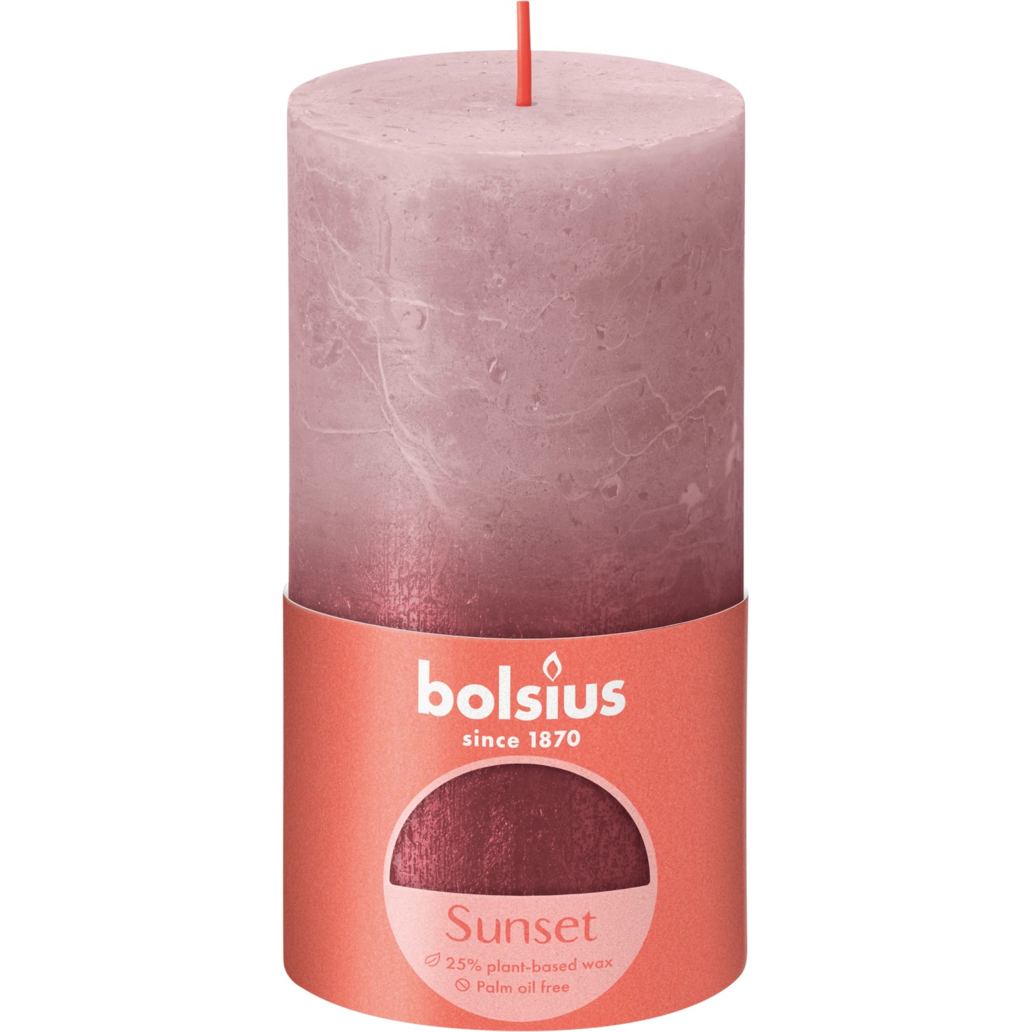 Bolsius Rustik-Kerze Sunset, eschenrosé-rot, 130/68 mm. Stumpenkerze für stimmungsvolles Licht.