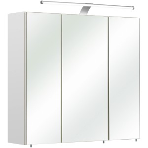 Pelipal Spiegelschrank, weiß, 75 cm breit, mit drei Spiegeltüren und Aufsatzleuchte.