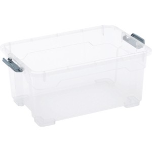Transparente OBI Allzweckbox Cadiz XS, Aufbewahrungsbox mit grauen Verschlussclips.