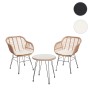 3-teilige Poly-Rattan Lounge-Garnitur in Natur mit creme Kissen. 2 Sessel und 1 Tisch mit Glasplatte.