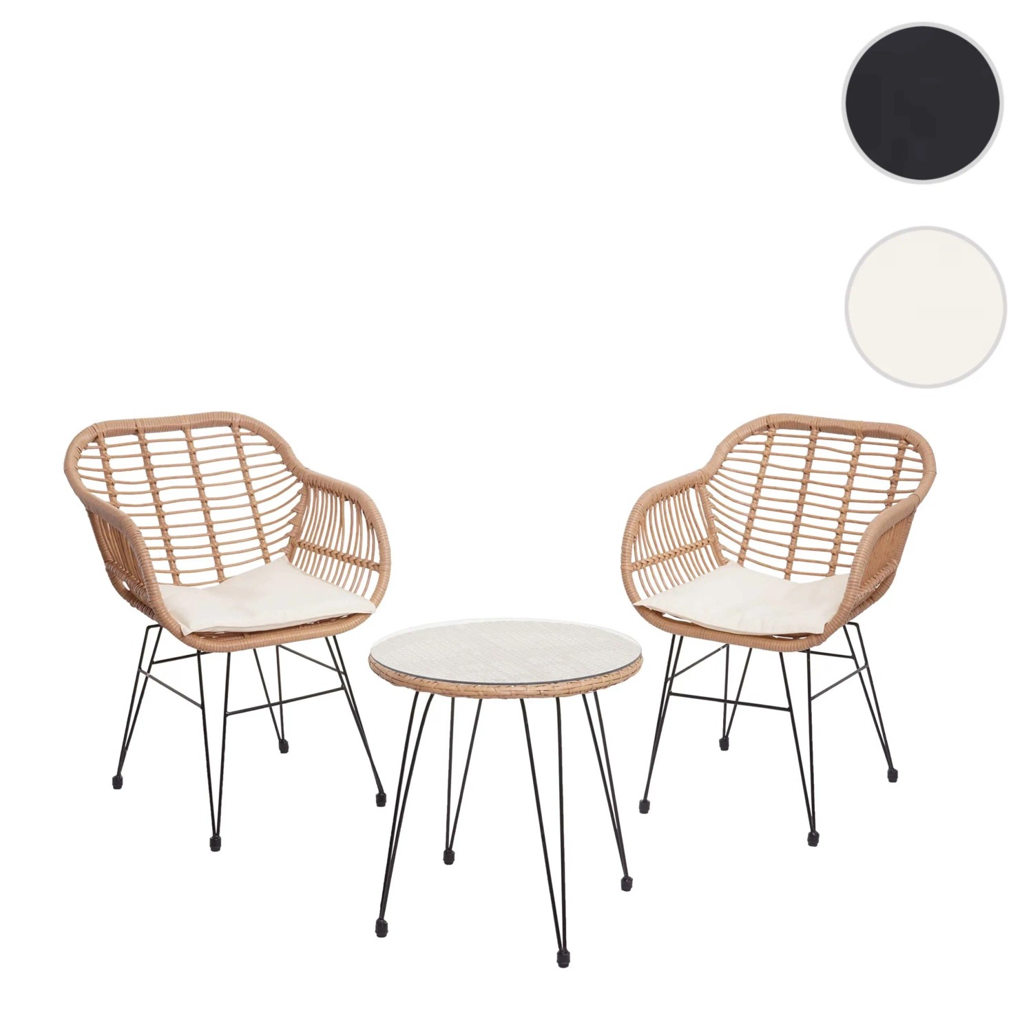 3-teilige Poly-Rattan Lounge-Garnitur in Natur mit creme Kissen. 2 Sessel und 1 Tisch mit Glasplatte.