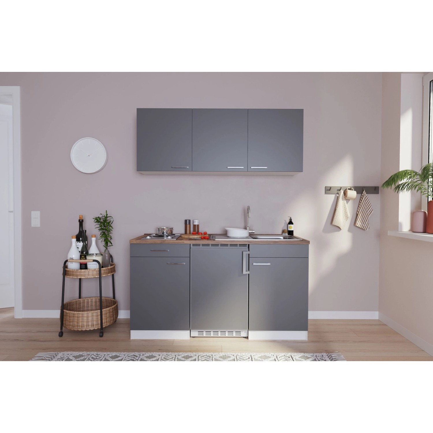 Respekta Küchenzeile/Küchenblock KB150WG 150 cm Grau-Weiß Glänzend